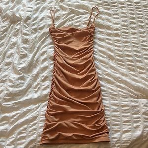 Ruched tan body on dress!